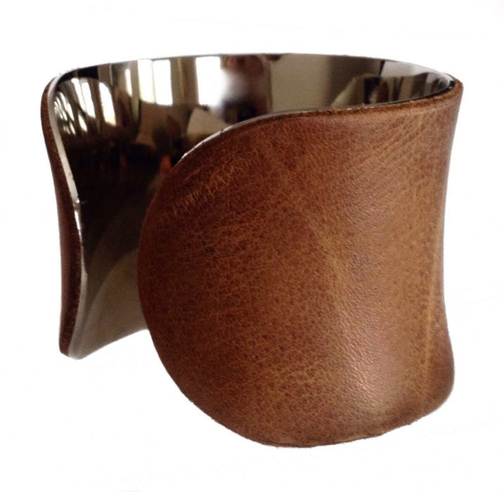 Caramel Distressed Leather Silver Lined Cuff - by UNEARTHED