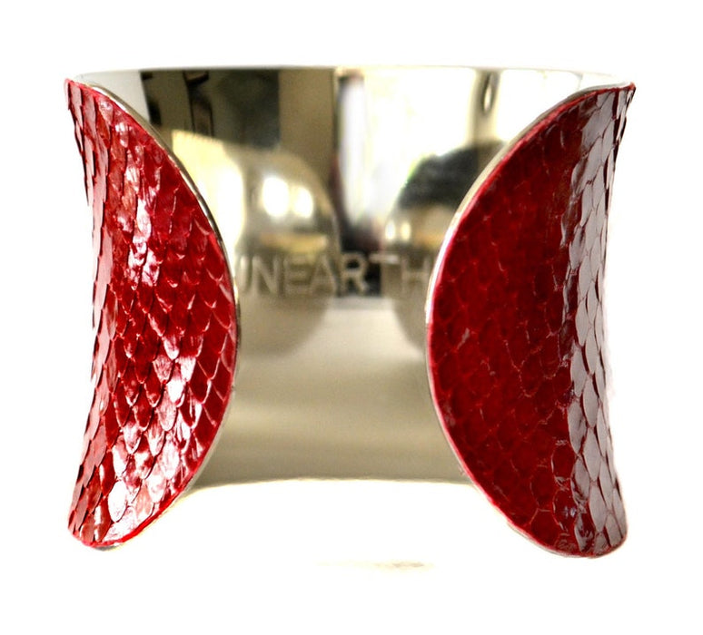 Glossy Red Snakeskin Silver Cuff Bracelet - by UNEARTHED